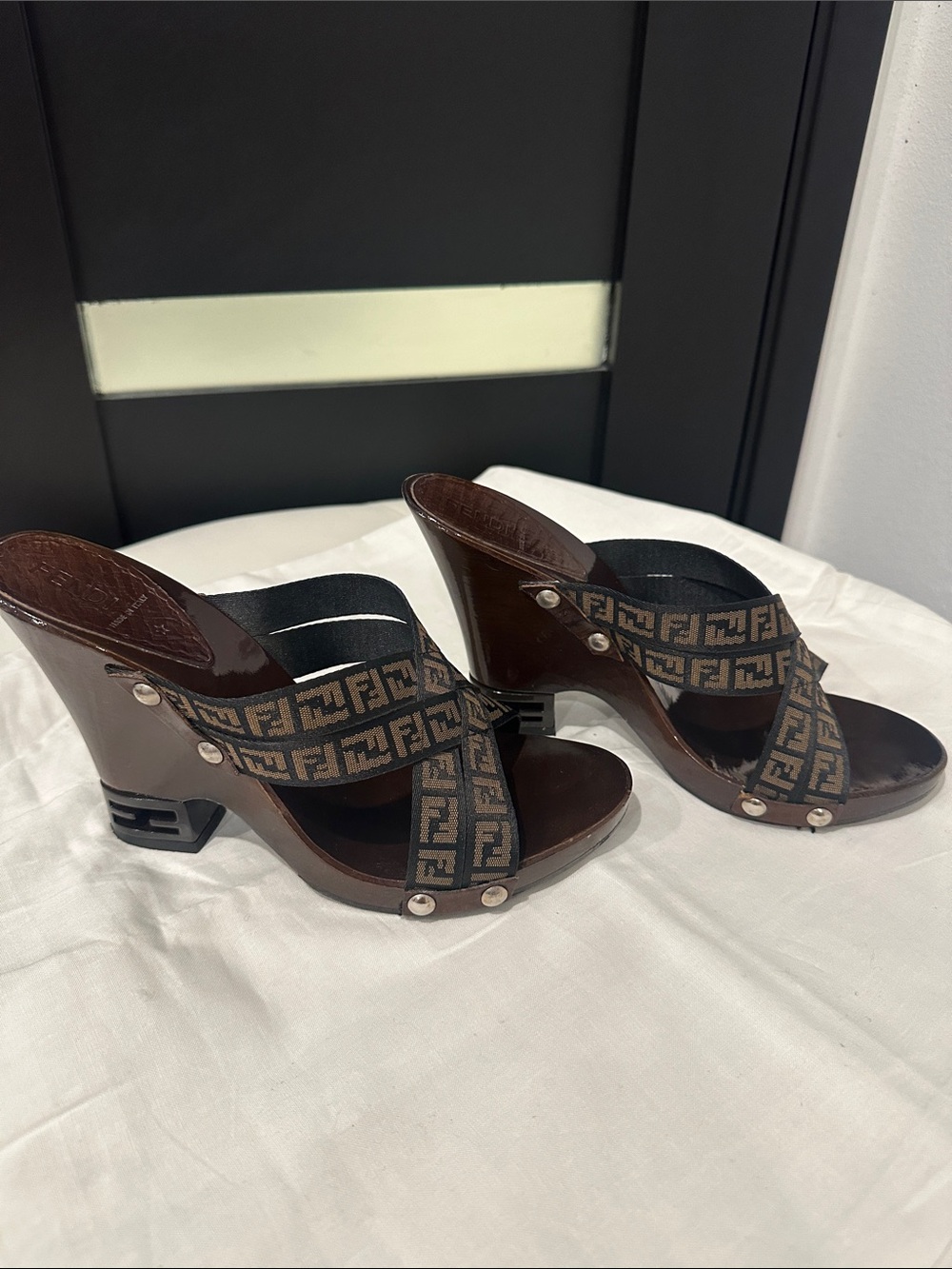 Fendi Brown Monogram Wedge Mules